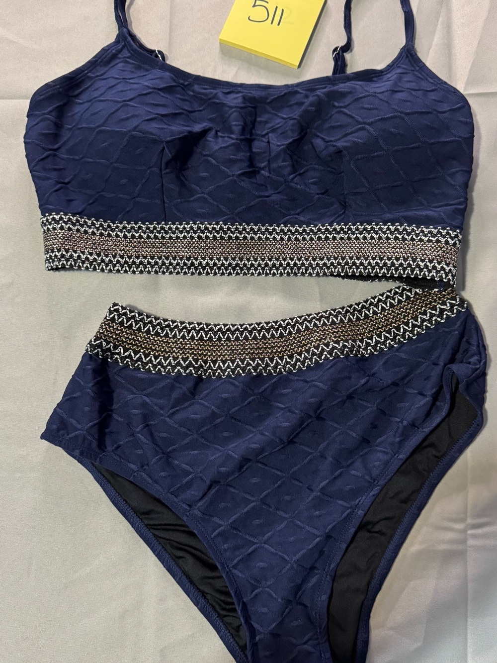 Navy Textured High-Rise Bikini Set with Decorative Band